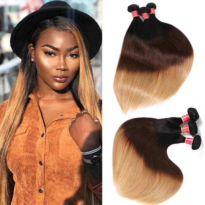 WorldNewHair 4 Bundles Ombre Colored Straight Human Virgin Hair Weaving