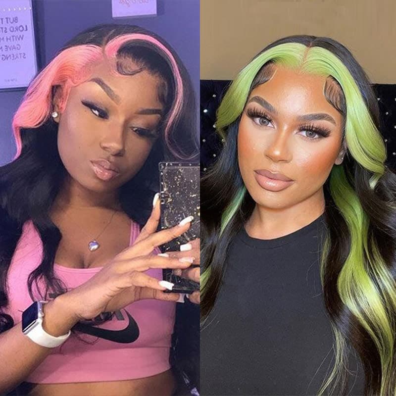 Highlights Skunk Stripe Green Pink Body Wave 13x4 HD Lace Human Hair Transparent Lace Wigs