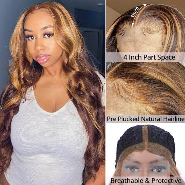 Honey Blonde Transparent Lace Part Wig Straight Highlight Color Human Hair Wig