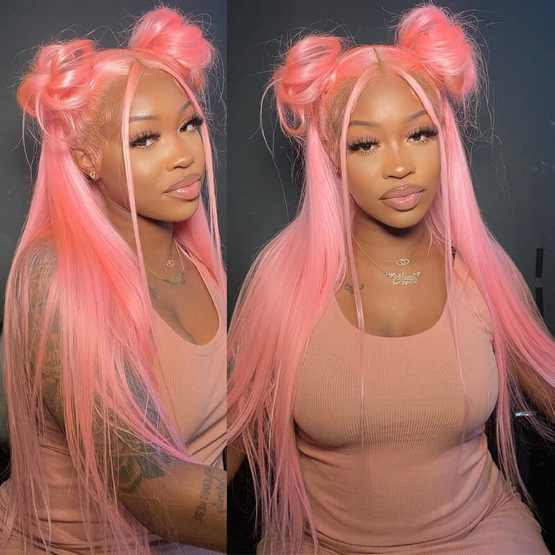 Trendy Light Ash Pink Colored Wig Straight Human Hair Lace Front Wigs