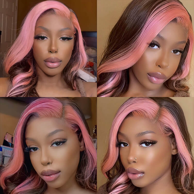 SKunk Stripe Pink & Chocolate Brown Straight Human Hair 13x4 Lace Front Wig