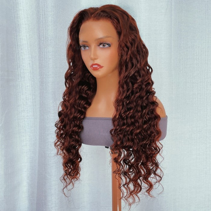 Reddish Brown Colored Deep Wave Lace Front Wig Pre Plucked Human Hair Wigs