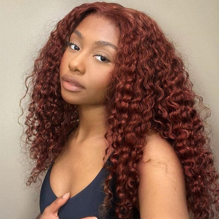 Reddish Brown Colored Deep Wave Lace Front Wig Pre Plucked Human Hair Wigs