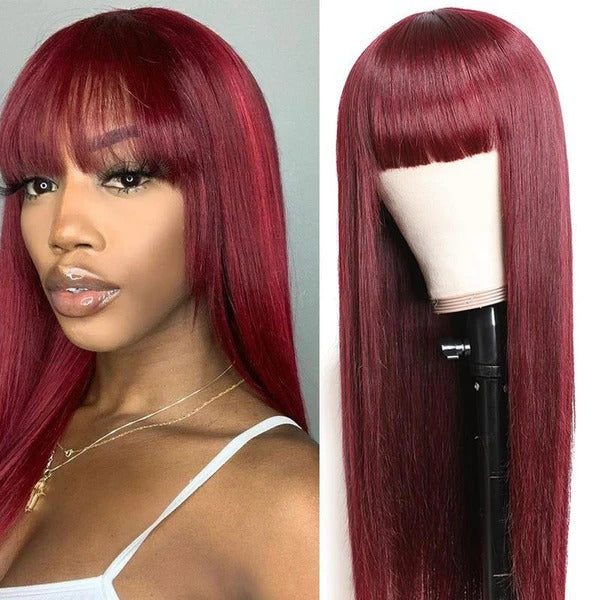 Flash Sale 99j Burgundy Color Straight Wigs With Bangs Machine Made Human Hair