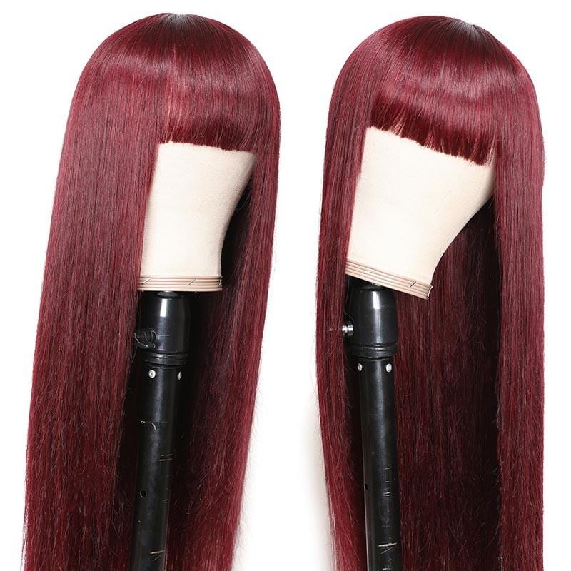 Flash Sale 99j Burgundy Color Straight Wigs With Bangs Machine Made Human Hair