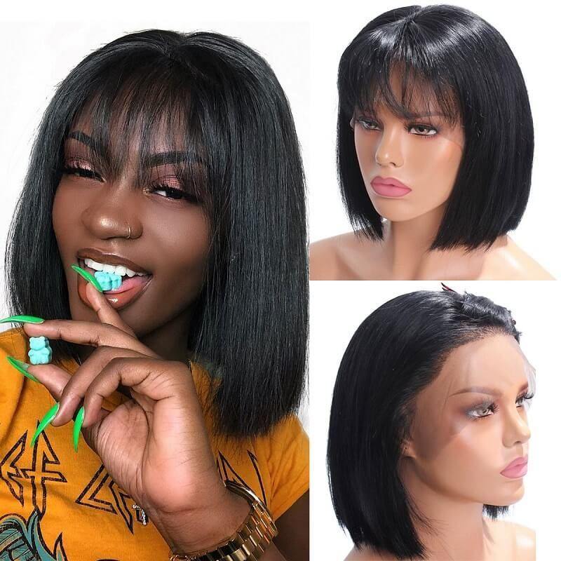 Straight Human Hair Short Bob Wigs With Bangs Human Hair 13x4 lace Front Wigs