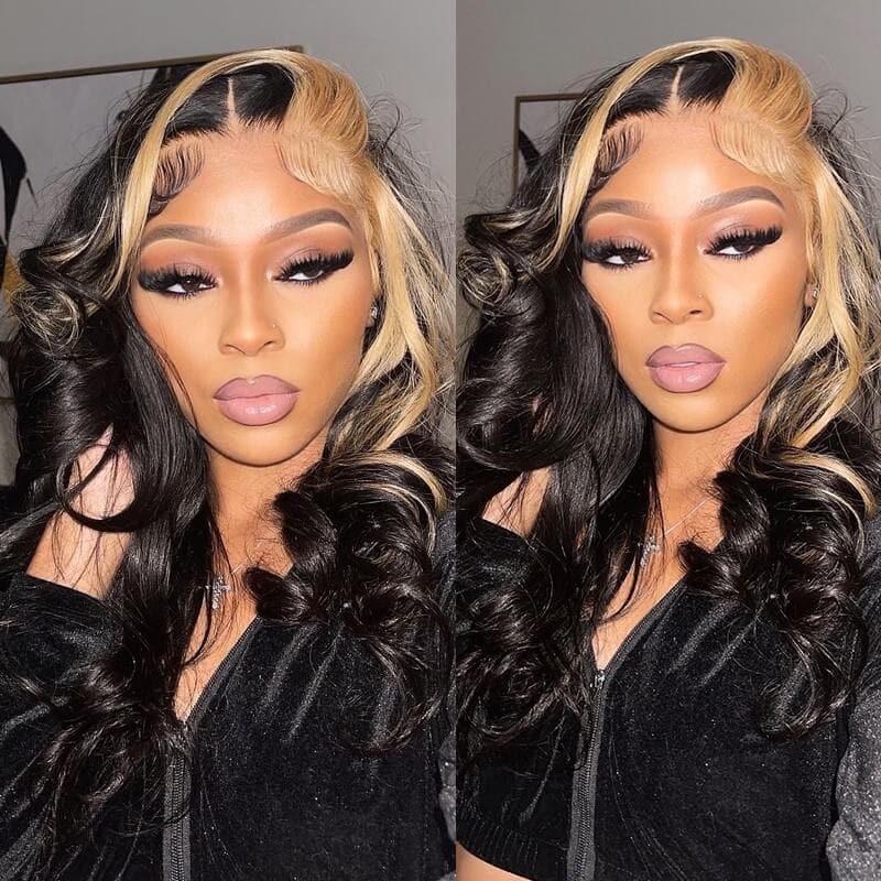 Skunk Stripe Lace Frontal Wig with Honey Blonde Highlights Virgin Human Hair Wigs