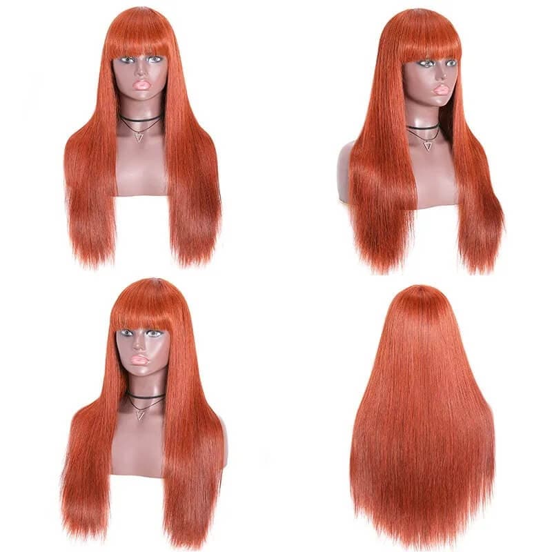 Long Straight Human Hair Wigs With Bangs Ginger Color Machine Made Wigs