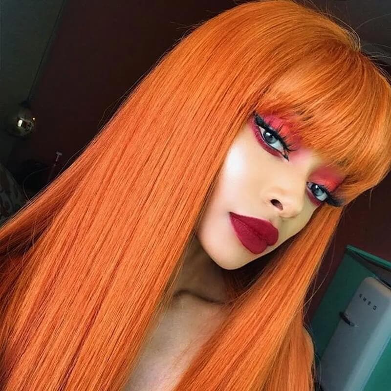 Long Straight Human Hair Wigs With Bangs Ginger Color Machine Made Wigs