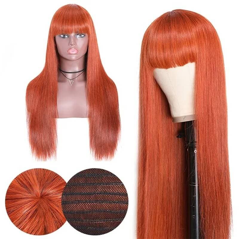 Long Straight Human Hair Wigs With Bangs Ginger Color Machine Made Wigs