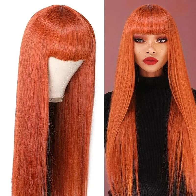 Long Straight Human Hair Wigs With Bangs Ginger Color Machine Made Wigs