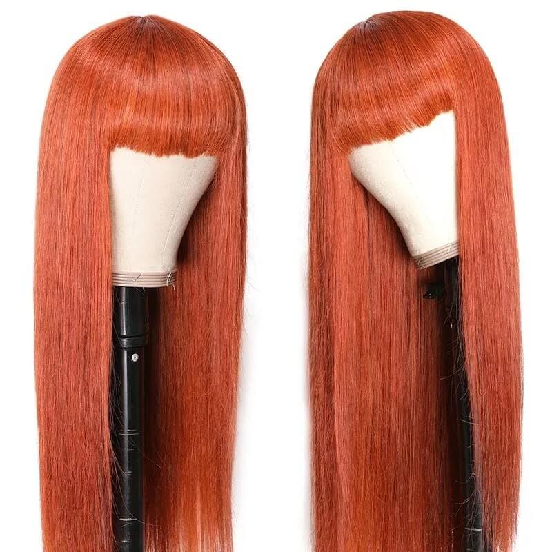 Long Straight Human Hair Wigs With Bangs Ginger Color Machine Made Wigs