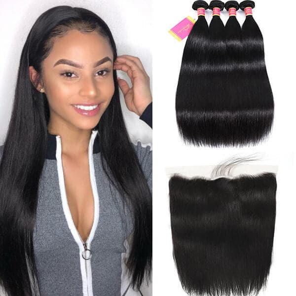 Straight Human Hair 4 Bundles And 13*4 Lace Frntal Bundle Deals With Frontal