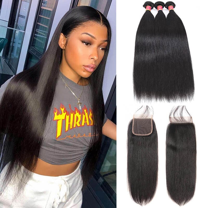 WorldNewHair 4pcs Straight Human Hair Bundles With 4x4 Lace Frontal Closure