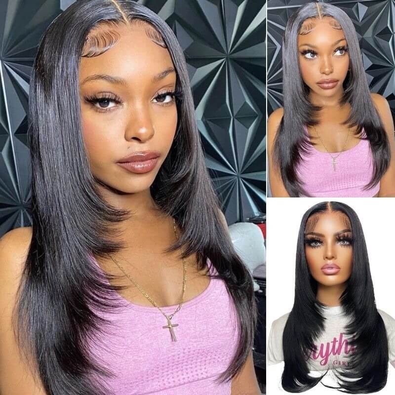 Straight Lace Front Wigs with Layer Inner Buckle Virgin Human Hair Wigs For Women