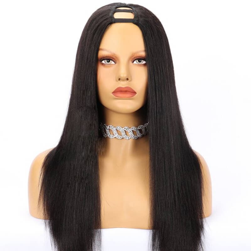 Affordable Yaki Straight Human Hair U Part Wig Natural Color 150% Density