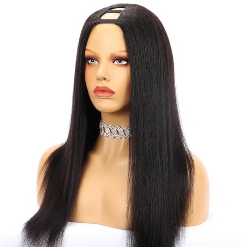 Affordable Yaki Straight Human Hair U Part Wig Natural Color 150% Density