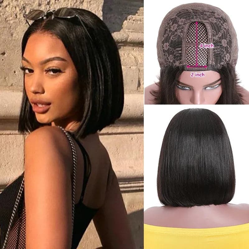 U Part Wig Straight Human Hair Bob Wig 2x4 Opening Size Short Bob Wig For Black Women