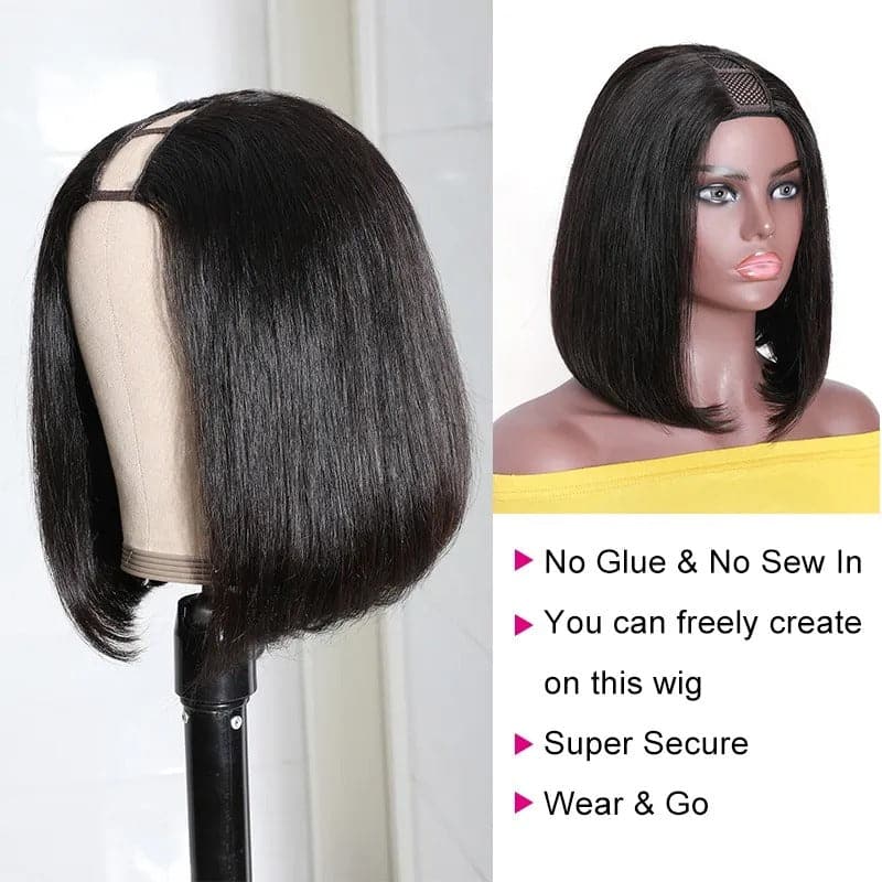 U Part Wig Straight Human Hair Bob Wig 2x4 Opening Size Short Bob Wig For Black Women