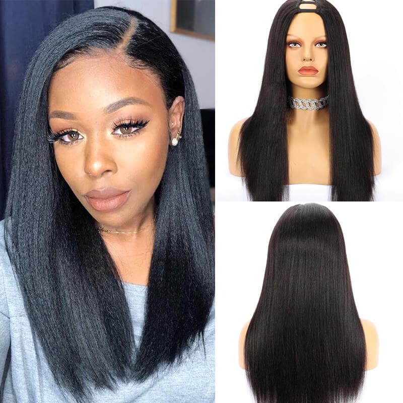 Affordable Yaki Straight Human Hair U Part Wig Natural Color 150% Density