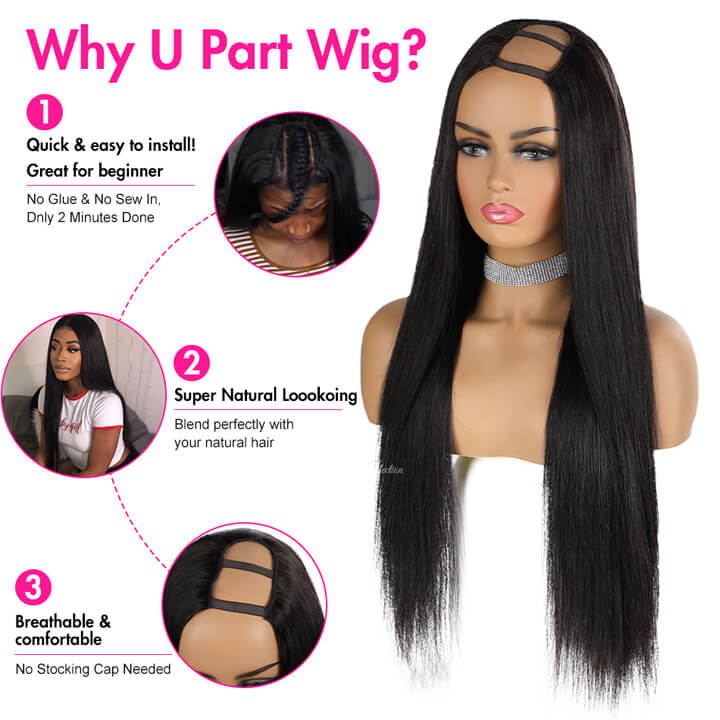 U-Part Wigs Virgin Hair Silky Straight Human Hair Wigs 150% Density