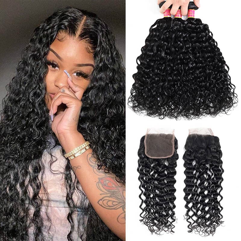 Water Wave 3pcs 100% Human Hair Bundles With Lace Closure Brazilian Natural Wave Hair