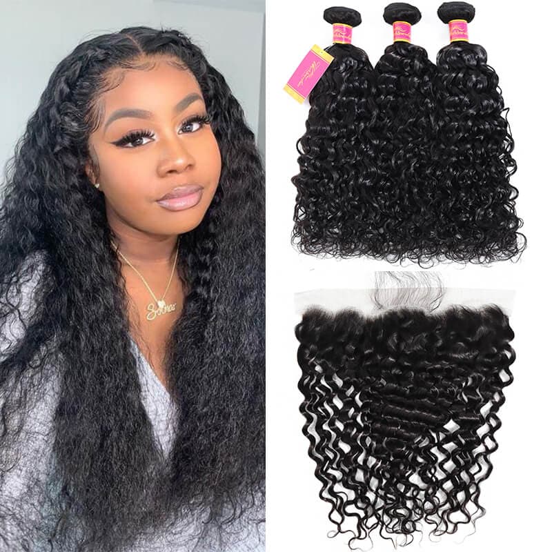 Water Wave Human Hair 3 Bundles With 13x4 Lace Frontal Closure Natural Wave