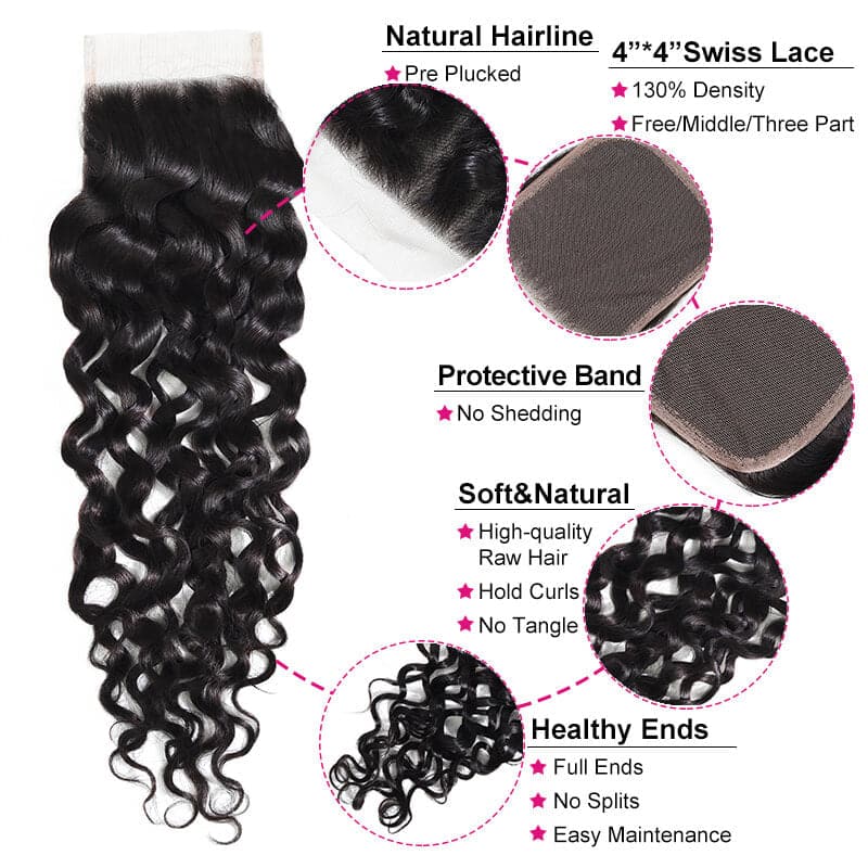 Water Wave 3pcs 100% Human Hair Bundles With Lace Closure Brazilian Natural Wave Hair