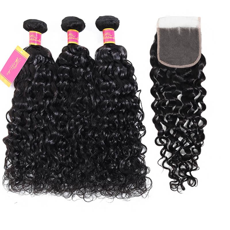 Water Wave 3pcs 100% Human Hair Bundles With Lace Closure Brazilian Natural Wave Hair