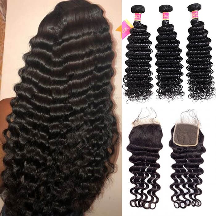Deep Wave Human Hair Bundles With Lace Closure Brazilian Virgin Remy Hair Weave And Closure