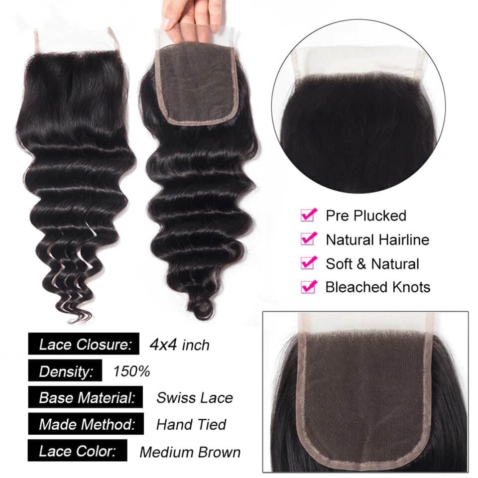 Loose Deep Wave Hair 3 Bundles with 4x4 Lace Closure Brazilian Virgin Human Hair Weft