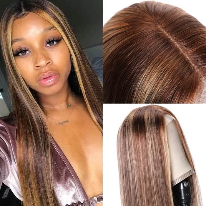 Honey Blonde Highlight Color Straight Hair 4x4 Lace Closure Wigs #427 Human Hair Wigs