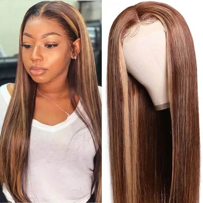 Honey Blonde Highlight Color Straight Hair 4x4 Lace Closure Wigs #427 Human Hair Wigs