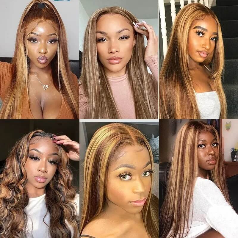 Honey Blonde Highlight Color Straight Hair 4x4 Lace Closure Wigs #427 Human Hair Wigs