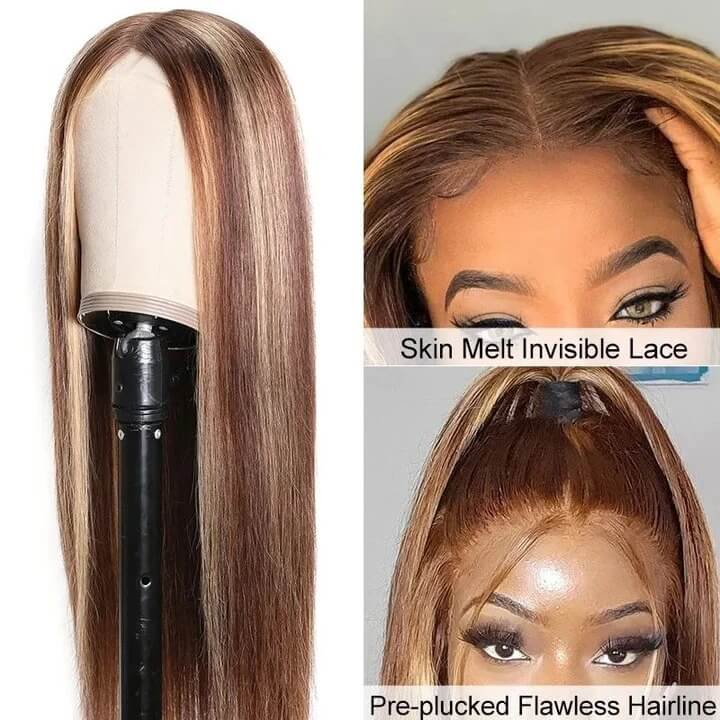 Honey Blonde Highlight Color Straight Hair 4x4 Lace Closure Wigs #427 Human Hair Wigs