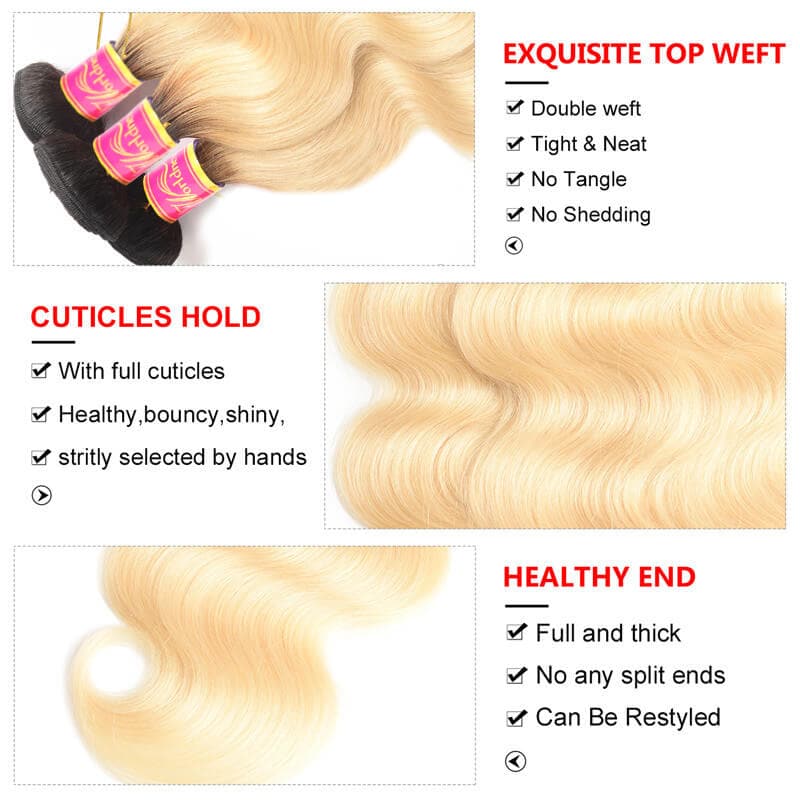 Ombre Color Body Wave Hair 3 Bundles #1B/613 Brazilian Virgin Human Hair Weft 12-32 Inches