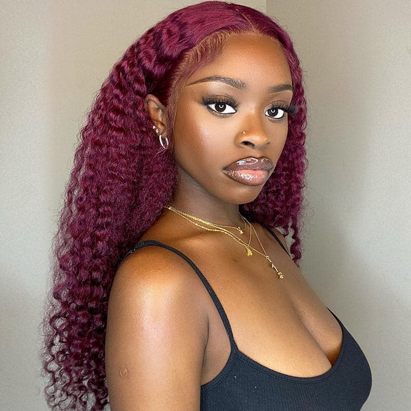 Burgundy 99J Colored Wigs Curly Hair 4x4 Lace Closure Wigs