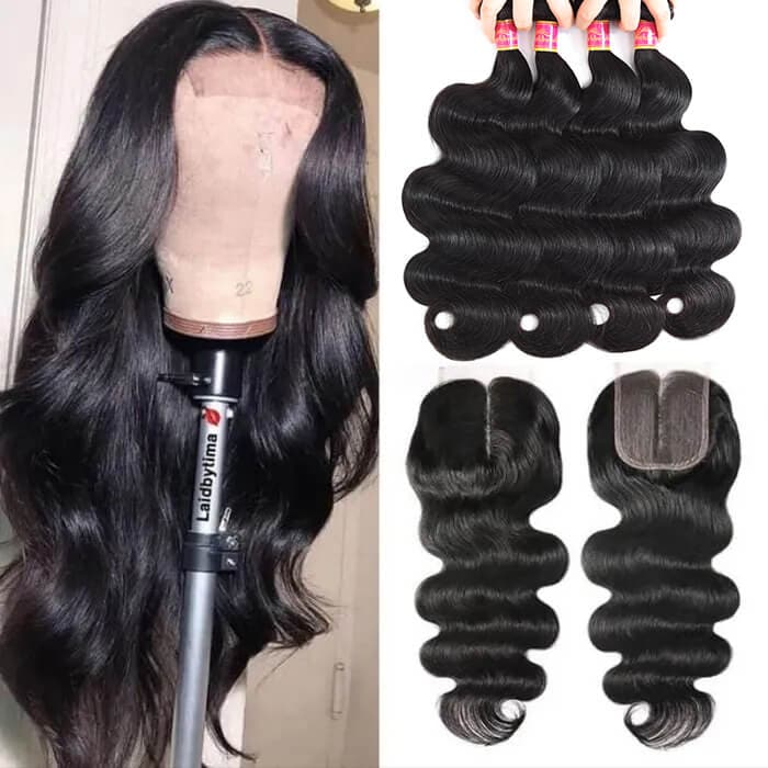 Body Wave Hair 4 Bundles With Lace Closure 100% Virgin Human Hair