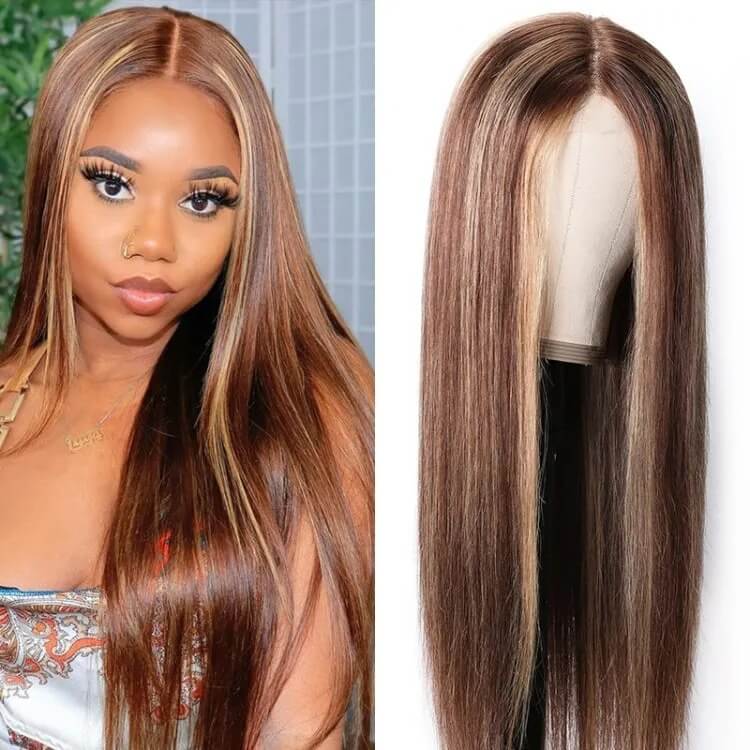 Honey Blonde Transparent Lace Part Wig Straight Highlight Color Human Hair Wig