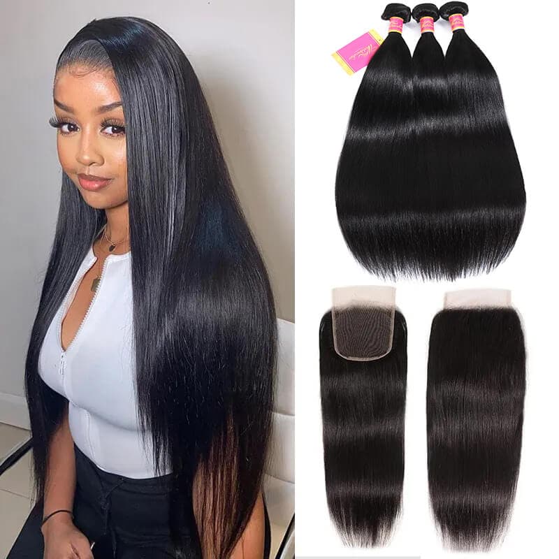 WorldNewHair Brazilian Straight Virgin Hair 3 Bundles with 4x4 Lace Closure