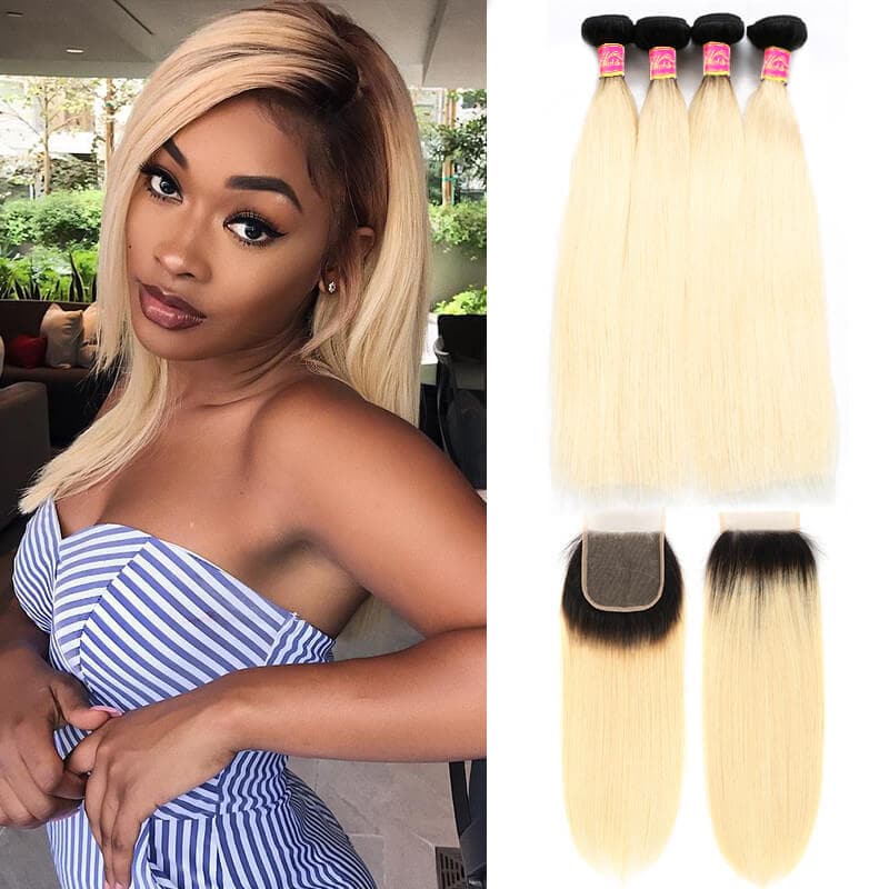 Ombre Hair 1B/613 Color Straight Human Hair Weave 4Bundles With Lace Frontal Closure