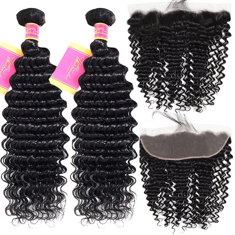 Deep Wave Virgin Hair Weave 4 Bundles With 13x4 Lace Frontal Closure Human Hair Weft