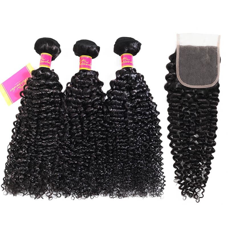 Kinky Curly Hair 3 Bundles With 4*4 Lace Closure Soft Brazilian Human Hair Weft