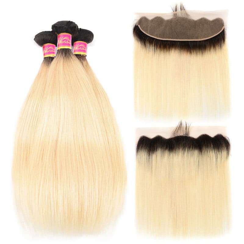 1B613 Blonde Ombre Color Straight Human Hair 3 Bundles With Lace Frontal Closure