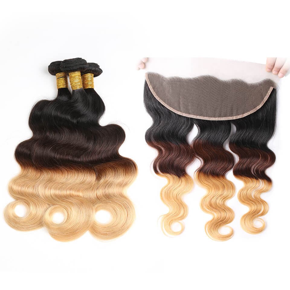 Brazilian Ombre Body Wave Hair 3 Bundles With Lace Frontal Closure Virgin Hair Weft