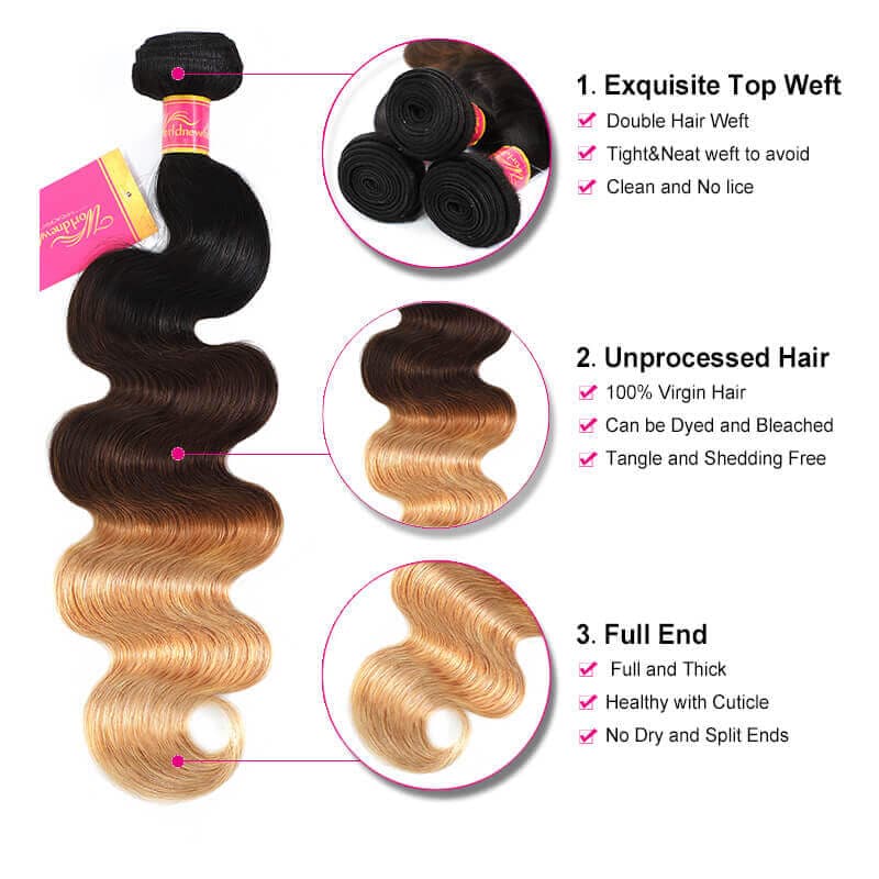 Brazilian Ombre Body Wave Hair 3 Bundles With Lace Frontal Closure Virgin Hair Weft