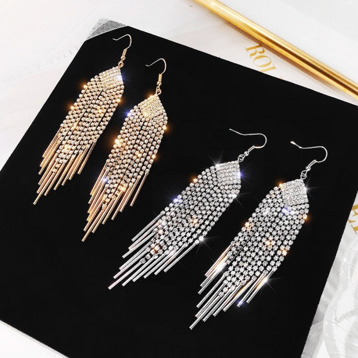 Luxury Rhinestone Crystal Earrings Hoop Tassel Long Earrings For Women