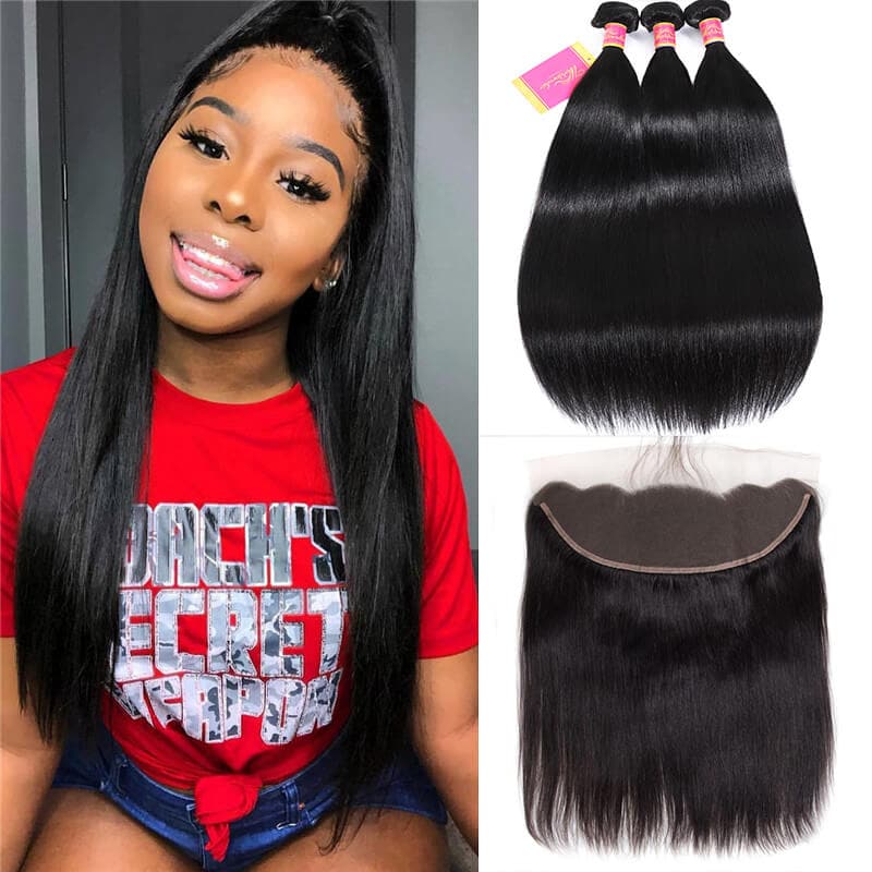 WorldNewHair 3pcs Human Hair Bundles With Lace Frontal Straight Virgin Hair Weave