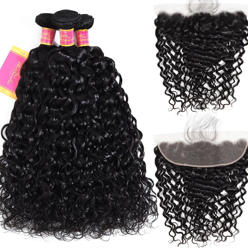 Water Wave Human Virgin Hair 4 Bundles With Lace Frontal Closure